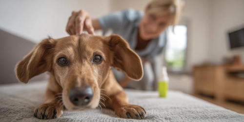 Dog with owner looking for fleas